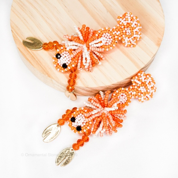 Ornamental Stone Jewelry - Lobster Orange Beaded Statement Earrings #56